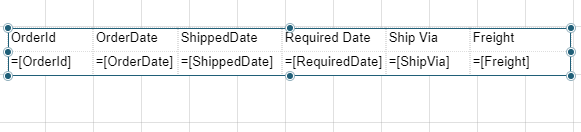 デザイン面にテーブル形式のレポート
